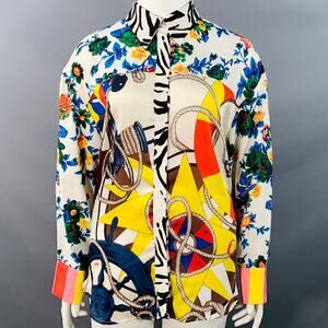 XL White Multi Color Polyester Viscose Floral Nautical Stripe Button Up Shirt